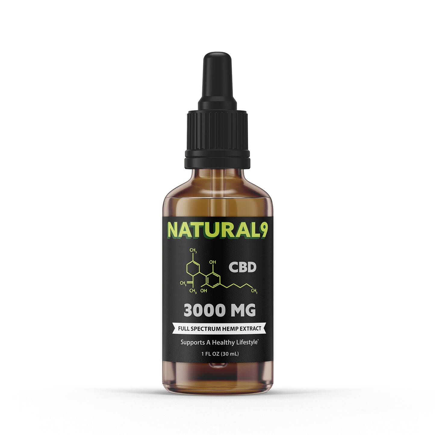 1 oz 3000 MG CBD full spectrum hemp extract oil bottle with 'Natural9' label on a white background