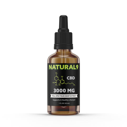 1 oz 3000 MG CBD full spectrum hemp extract oil bottle with 'Natural9' label on a white background