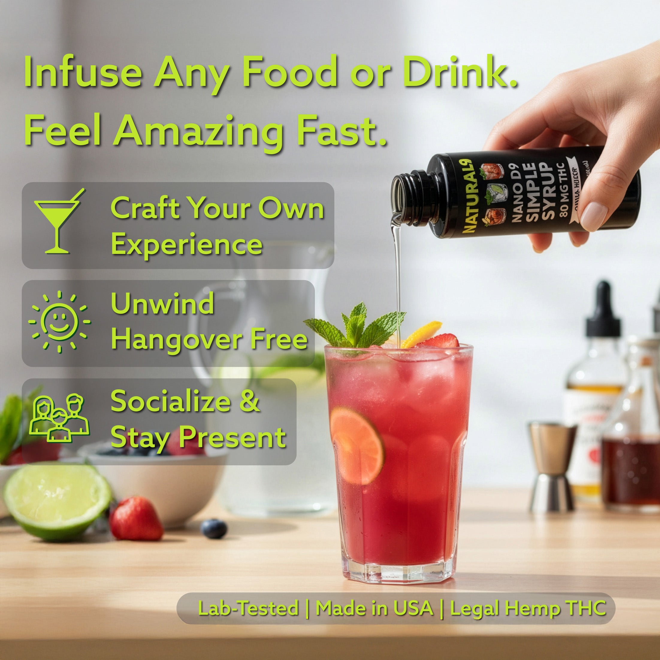 Hand pouring a bottle into a glass of red drink with text about Natural9 THC simple syrup product benefits.